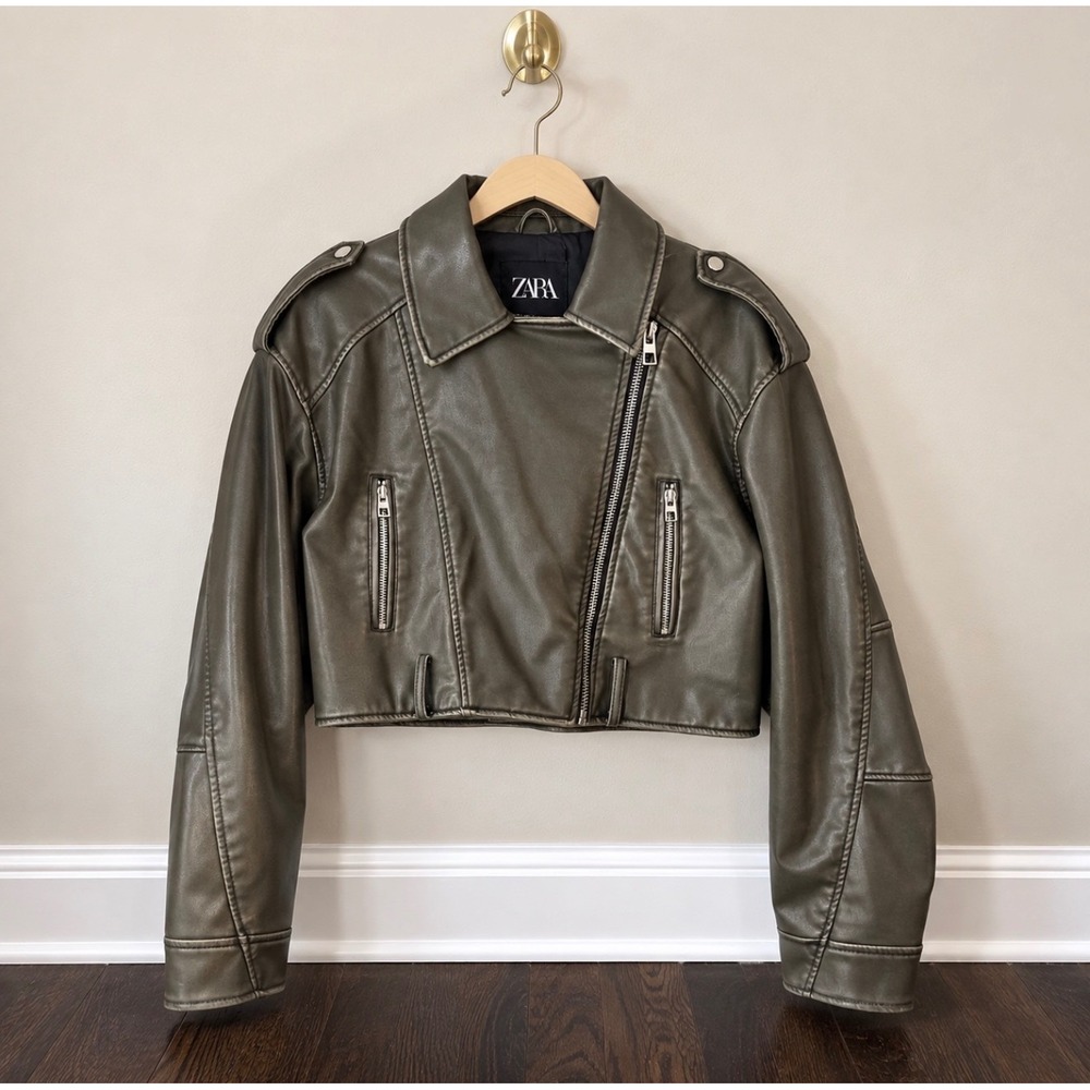 Zara Womens Cropped Faux Leather Biker Jacket Olive Green Moto Large 4341/886